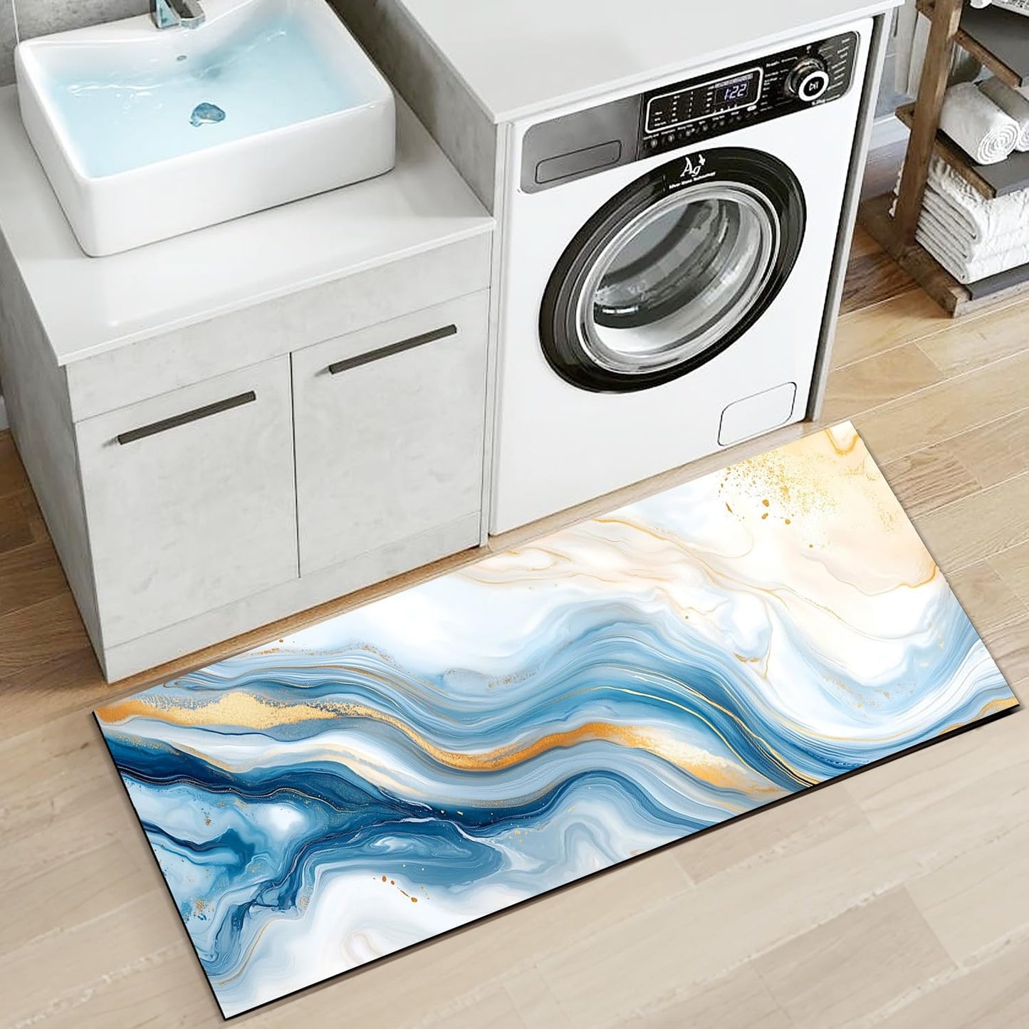 Needa One Kitchen Mat 19.7 x 47.2 Inch Non Slip Kitchen Runner Rug Blue Gold Marble Long Floor Mat for Sink Laundry Hallway Decor