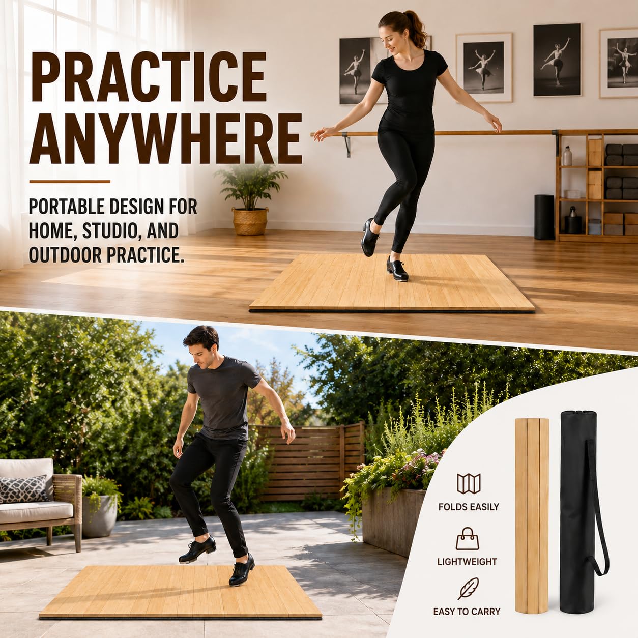 Foldable Tap Dance Floor - Premium Bamboo Portable Tap Board with Non-Slip Backing & Heavy Duty Carrying Bag, Large Dancing Mat for Home Studio, Street, Outdoor Practice (wood tone)