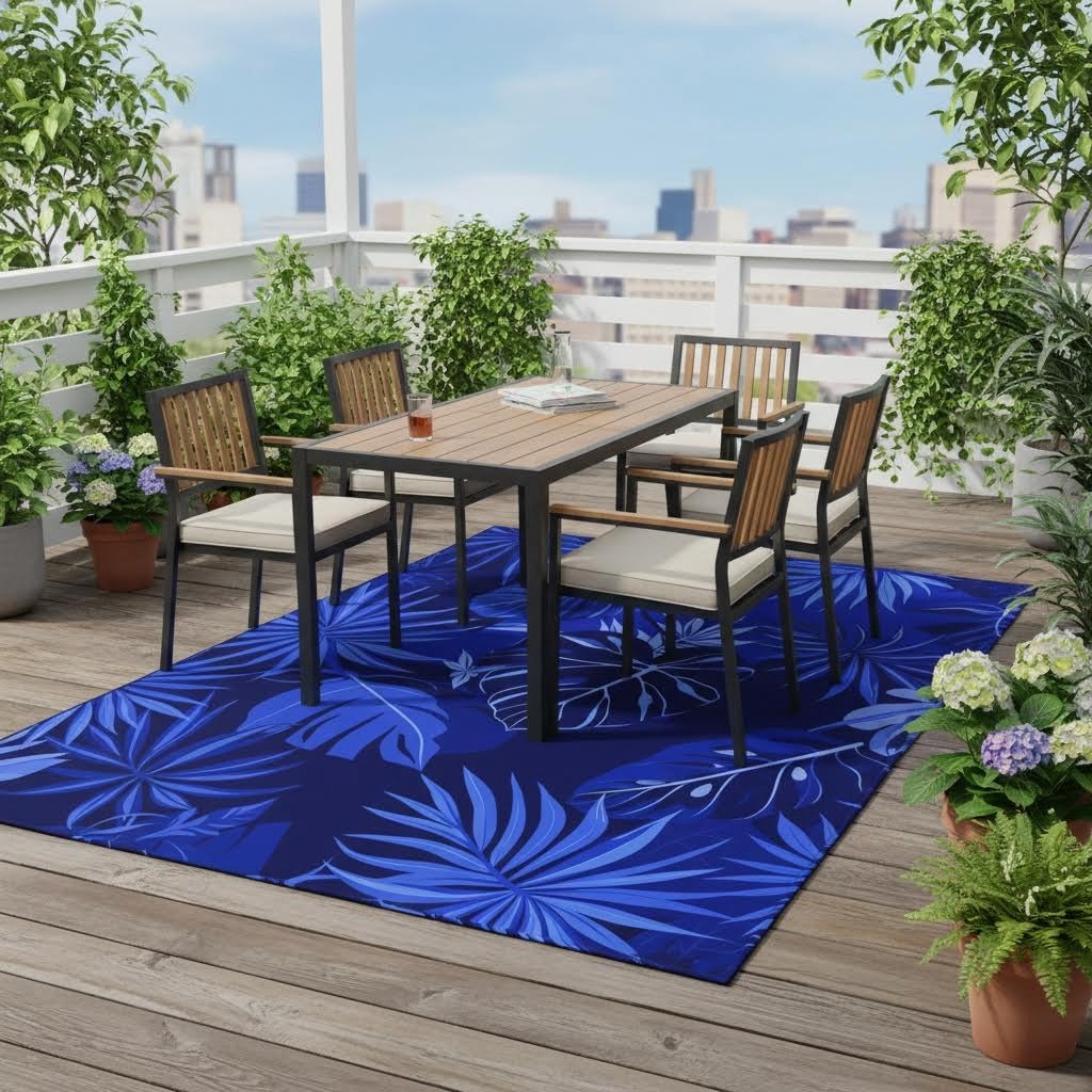Mamatong Waterproof 2x3 Machine Washable Tropical Outdoor Area Rug for Patio Porch Balcony Deck Garden Non-Slip Stain Resistant Royal Blue Boho Poolside Backyard Camping RV Picnic Thin Outside Rugs