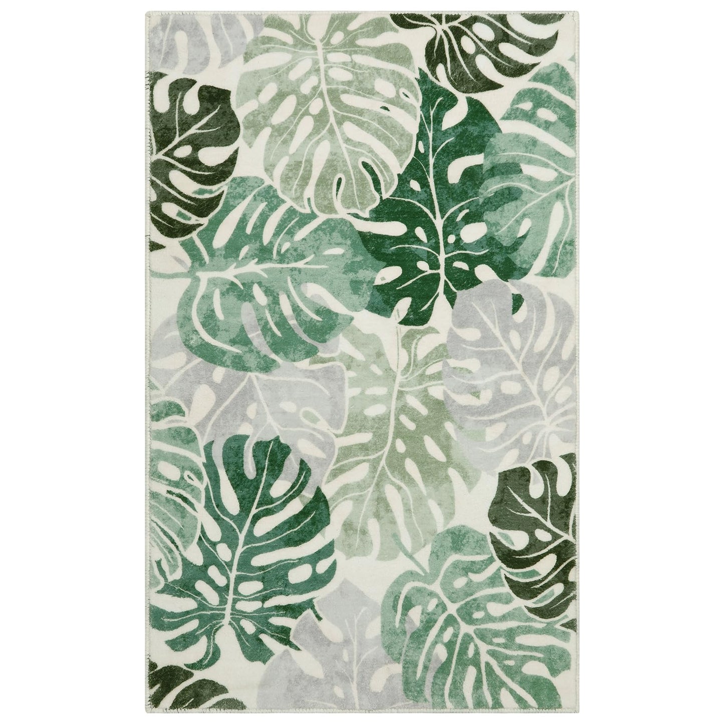 Wonnitar Monstera 3x5 Washable Rug, Sage Green Leaf Area Rugs for Bedroom, Non-Slip Living Room Entry Throw Mat, Low Pile Faux Wool Indoor Carpet for Kitchen Bathroom Office