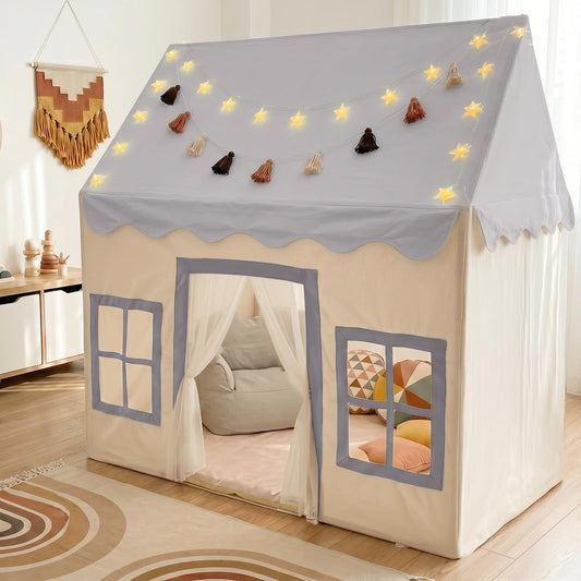 Large Kids Tent with Mat, Star Lights, Tissue Garland, Play Tents for Indoor & Outdoor Use, Kids Play Tent for Girl & Boy Aged 3+, 52" x 35" x 52" Playhouse with Windows, Washable, Grey