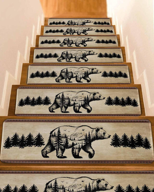 Stair Treads for Wooden Steps,Retro Pine Tree Bear Silhouette Non Slip Stair Carpet Indoor Stair Runner Staircase Step Treads,Black Animal Vintage Back Stair Mat 8x30in 4 Pcs