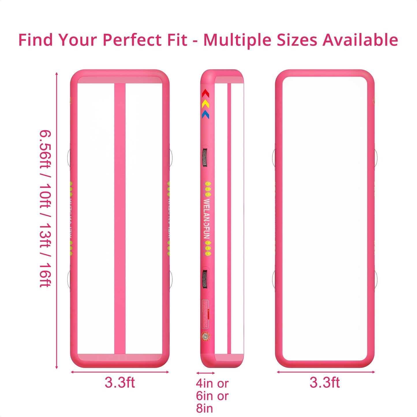 WELANDFUN Air Tumble Track Mat for Gymnastics | 4 / 6 / 8 inches Air Tumbling Mats, 6.56 / 10 / 13 / 16ft Inflatable Gymnastics Mat for Home Use, Training, Cheerleading, Water Yoga with Electric Air Pump (Pink, 10ft x 3.3ft x 6inch)