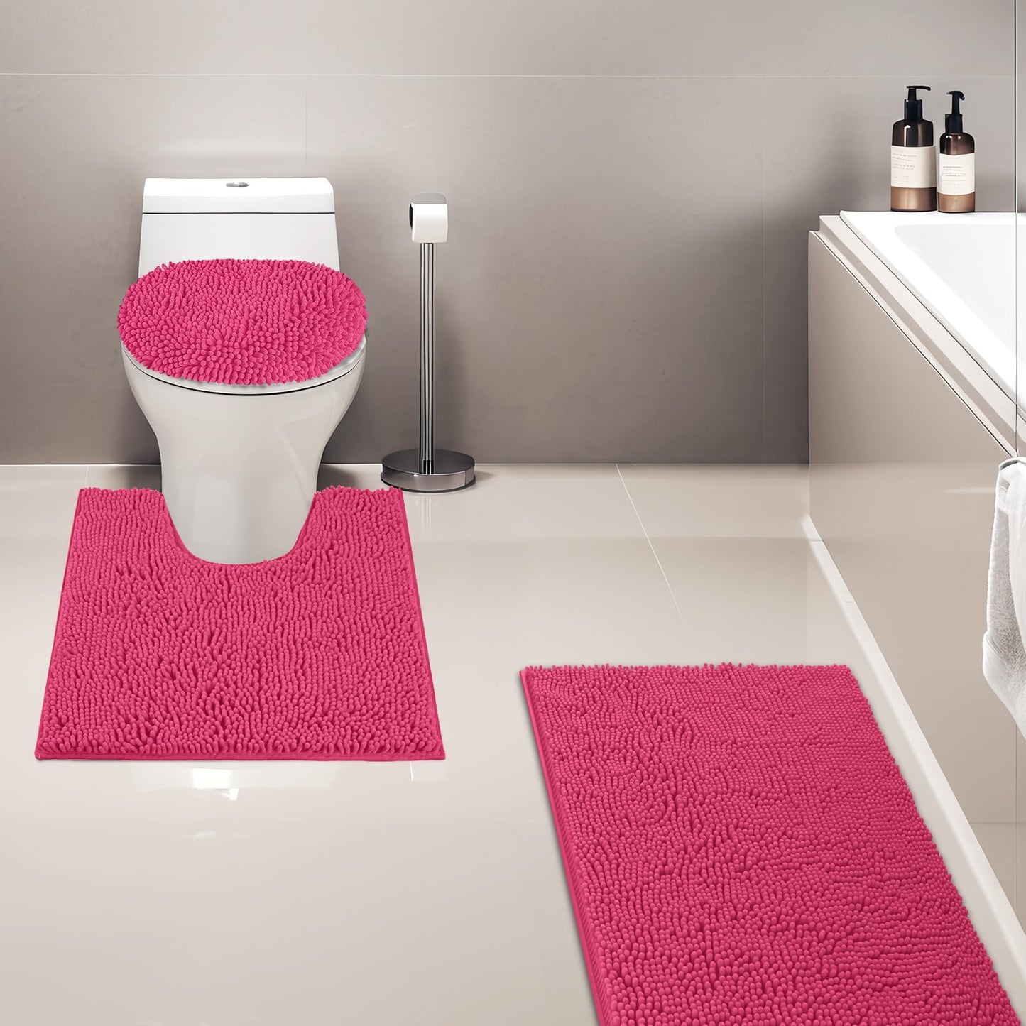Baahrnom Bathroom Rugs Sets 3 Piece with Adjustable Toilet Seat Cover 19.5"x 18.5" Machine Washable Bath Rug Set with TPR Non Slip Rubber Backing Solid Bath Mat Set for Luxury Bathroom Decoration