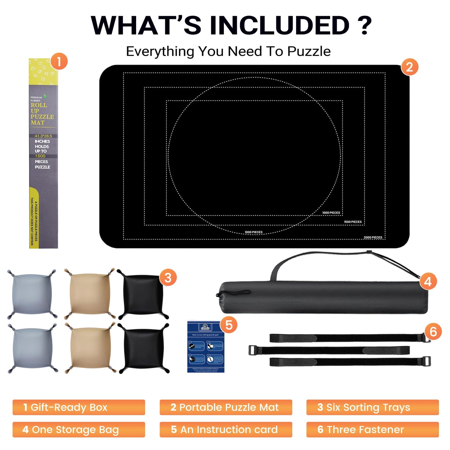 Lwoeo Jigsaw Puzzle Mat Roll Up 2000 Pieces, Black 48” x 31” Smooth Top Saver Pad, Large Rubber Puzzel Matt Rollup with 6 Sorting Trays & Travel Storage Bag for Sorting Table, Board, Puzzles Mats