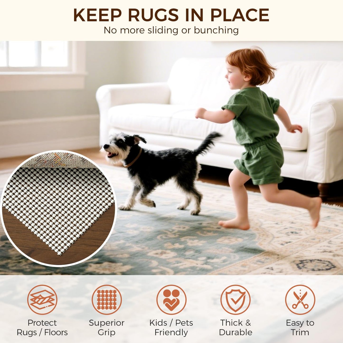 BAGAIL BASICS 8 x 10 FT Rug Pad Gripper for Hardwood Floors, Non Slip Rug Pads for Area Rugs, Extra Thick Under Rug Padding, Protect Your Rugs & Floors