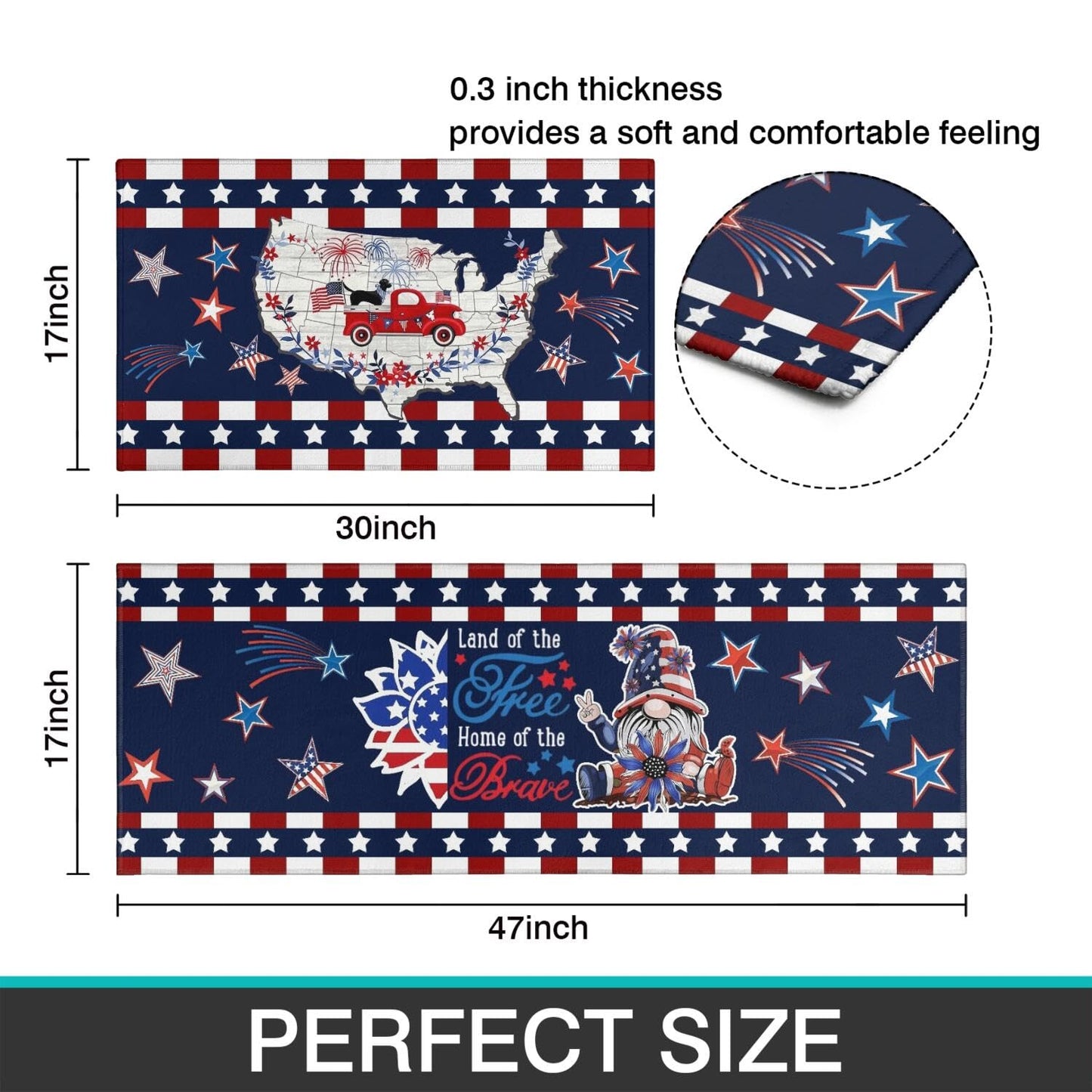 American Patriotic Farmhouse Kitchen Rugs Sets of 2,4th of July Memorial Day Independence Day Mats for Floor,Liberty Freedom Non Slip Holiday Decor Mat for Sink, Laundry, Office 17"x 47"+17"x 30"