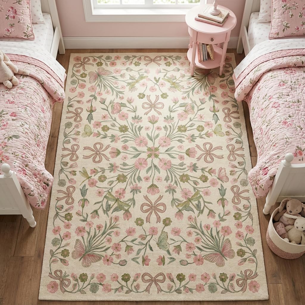 BreezeRise 5x7 Area Rug for Living Room，Boho Beige Butterfly Bow Rug Pink and Green Florals，Non-Slip Washable Foldable Bedroom，Dining Room