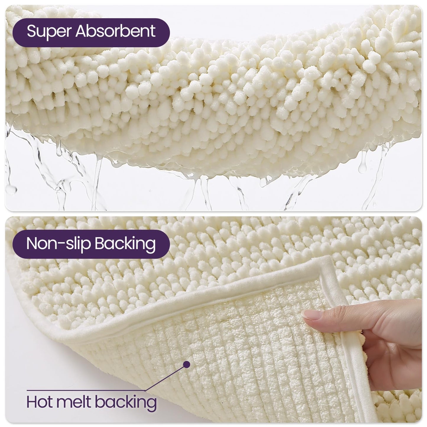 DEXI Bathroom Rugs 24x43, Super Soft Thick Chenille Absorbent Bath Mat, Non Slip Machine Washable Fluffy Shag Bathmat for Tub, Shower Floor, Ivory