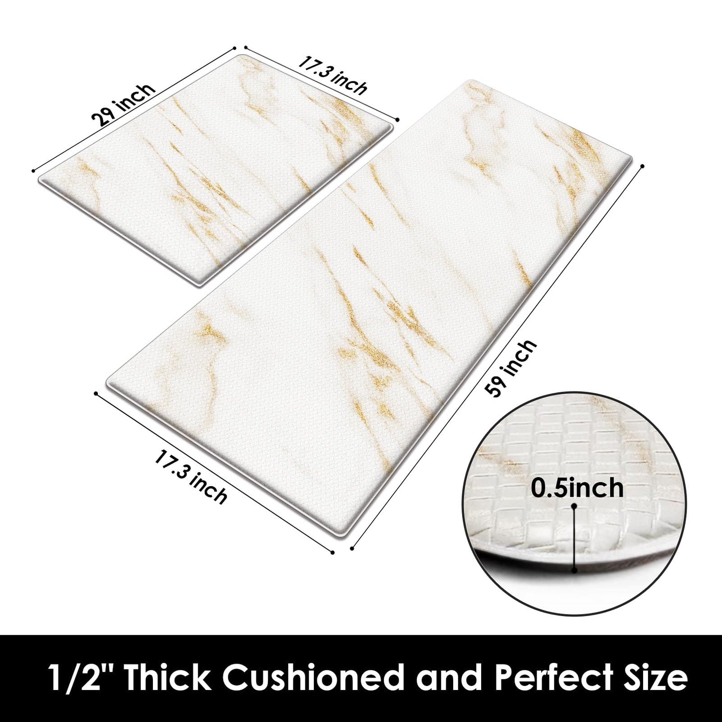 Arttown Marble Anti-Fatigue Kitchen Rug Set of 2 White Golden Gold Modern Cushioned Floor Mat, Standing Waterproof Non-Slip Kitchen Mat and PVC Ergonomic Comfort Foam Rug