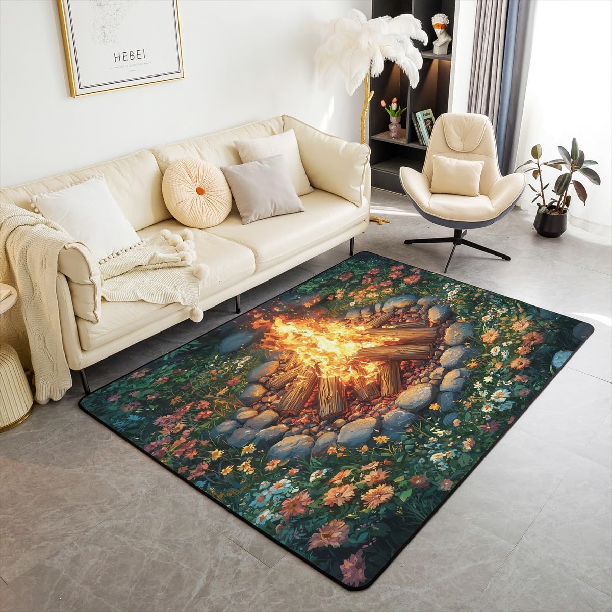 Campfire Decorative Rug 5x6'6'',Happy Camping Indoor Floor Mat for Playroom Bedside Sofa Bedroom,Tree Stump Woodland Campsite Non Shedding Carpet for Outdoor Adventure RV Car