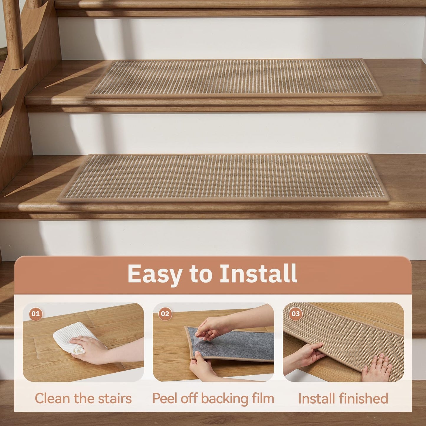 15PC Jute Stair Treads for Wooden Steps-Non Slip Peel and Stick Stair Treads Indoor, Adhesive Staircase Step Treads Residue Free, Cat-Friendly & Scratch-Resistant Durable Stair Runner Rug,8"x30" Beige