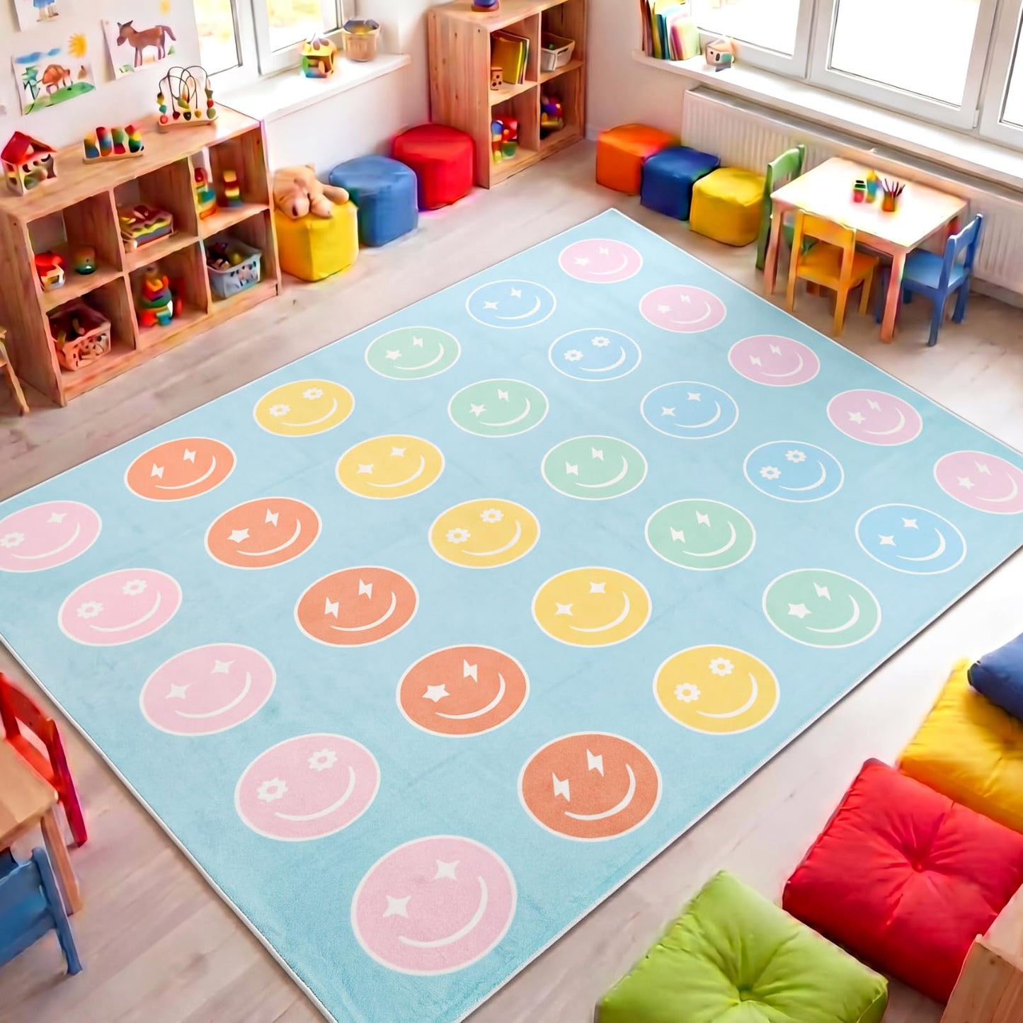 Maasechs 8 x 10ft Circle Time Classroom Rug Smile Face Pastel Emotional Feeling Sensory Corner Items Teacher Rug Educational Soft Fluffy Carpet Floor Mat for Nursery Homeschool Playroom Elementary