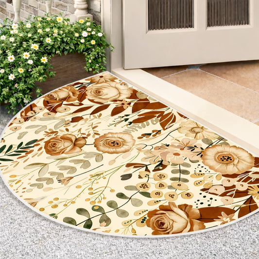Half Round Door Mat 35.4 x 23.6 Inch, Non Slip Washable Semicircle entryway Rug, Vintage Floral Pattern, Low-Pile Doormat, Stain-Resistant, Suitable for Kitchens, Entryways, and Bathrooms