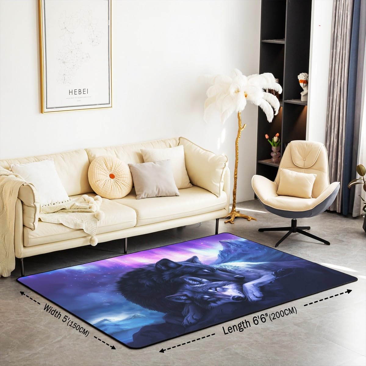 Castle Fairy Wolf Animal Area Rug 5x7 Sleeping Wildlife Wolves Decorative Rug for Kids Teens Adults Ombre Purple Aurora Rugs for Living Room Bedroom Western Rustic Decorative Rug