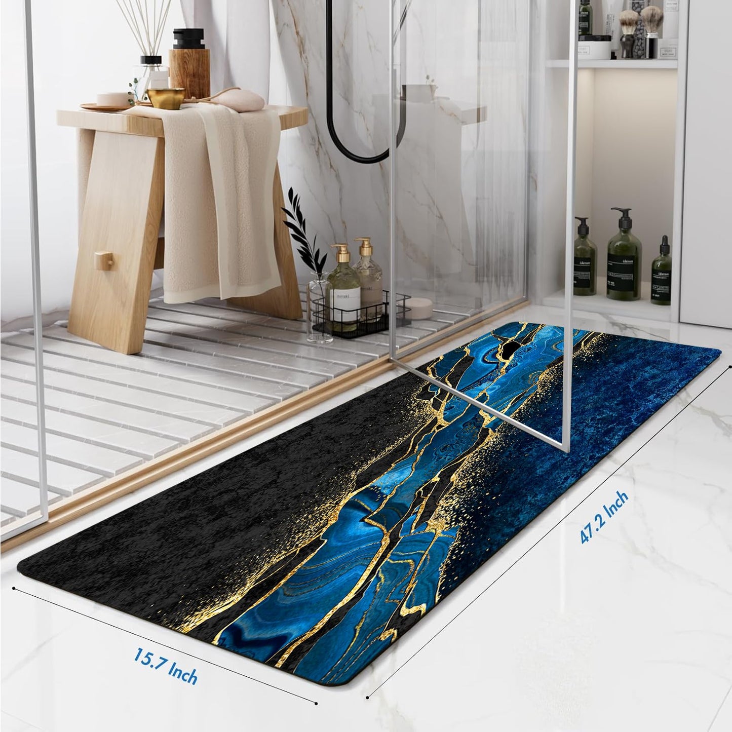 Azppsad Extra Long Bath Rug, Blue and Gold Marble Decoration Non-Slip Bathroom Running Rug with Rubber Backing, Thin Absorbent Quick-Drying Bath Mat for Tub Bathroom Kitchen, 15.7 x 47.2 inches