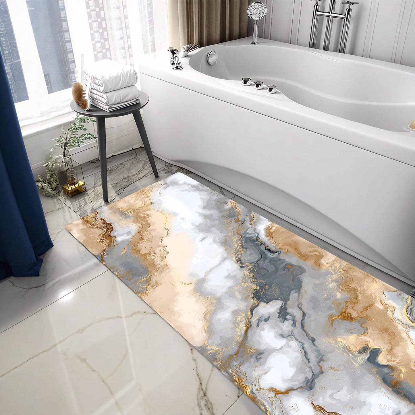 ANNA QUEEN Gray Gold Marble Laundry Room Rug Runner 20 x 47 Inch,Non Slip Washable Cushioned Modern Floor Mat for Washer Dryer,Kitchen and Bathroom