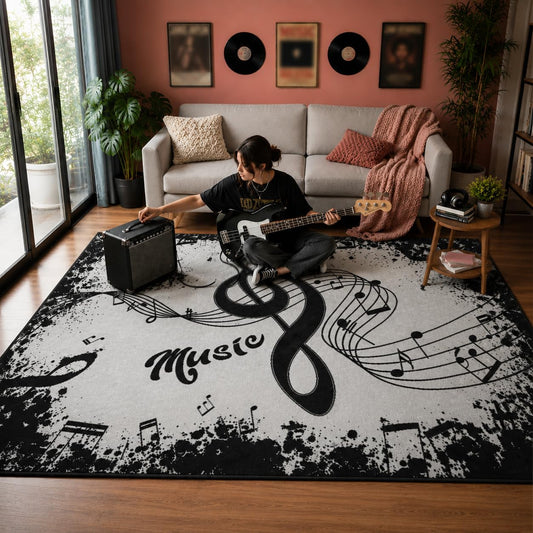 Black Music Note Area Rug Vintage Music Rugs Throw Rugs Non-Slip Floor Mat Soft Carpet Doormats for Living Room Bedroom Apartment Dorm Home Decor 5'x7',White/Black