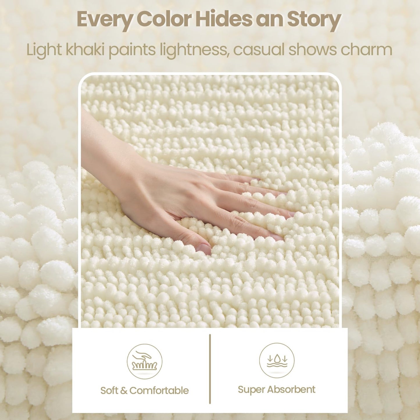 DEXI Bathroom Rugs 24x16, Super Soft Thick Chenille Absorbent Bath Mat, Non Slip Machine Washable Fluffy Shag Bathmat for Tub, Shower Floor, Ivory