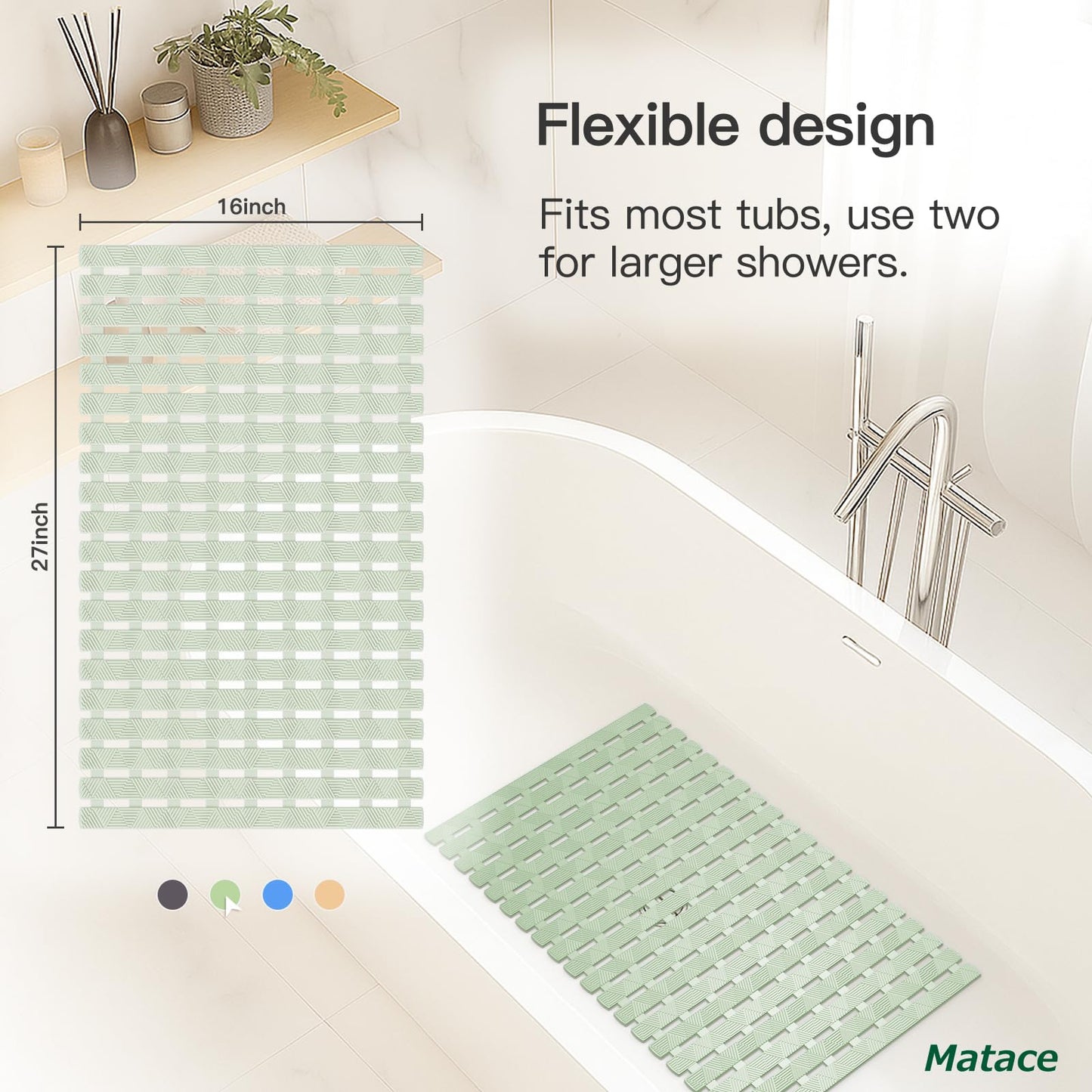 Bathtub Mat Non Slip - for Inside Bath Tub & Shower, Small 27x16 Inch, 180 Strong Suction Cups, Soft Textured Surface, Fast Drain & Quick Dry, Bathroom Safety Mat, Sage Green, Matace