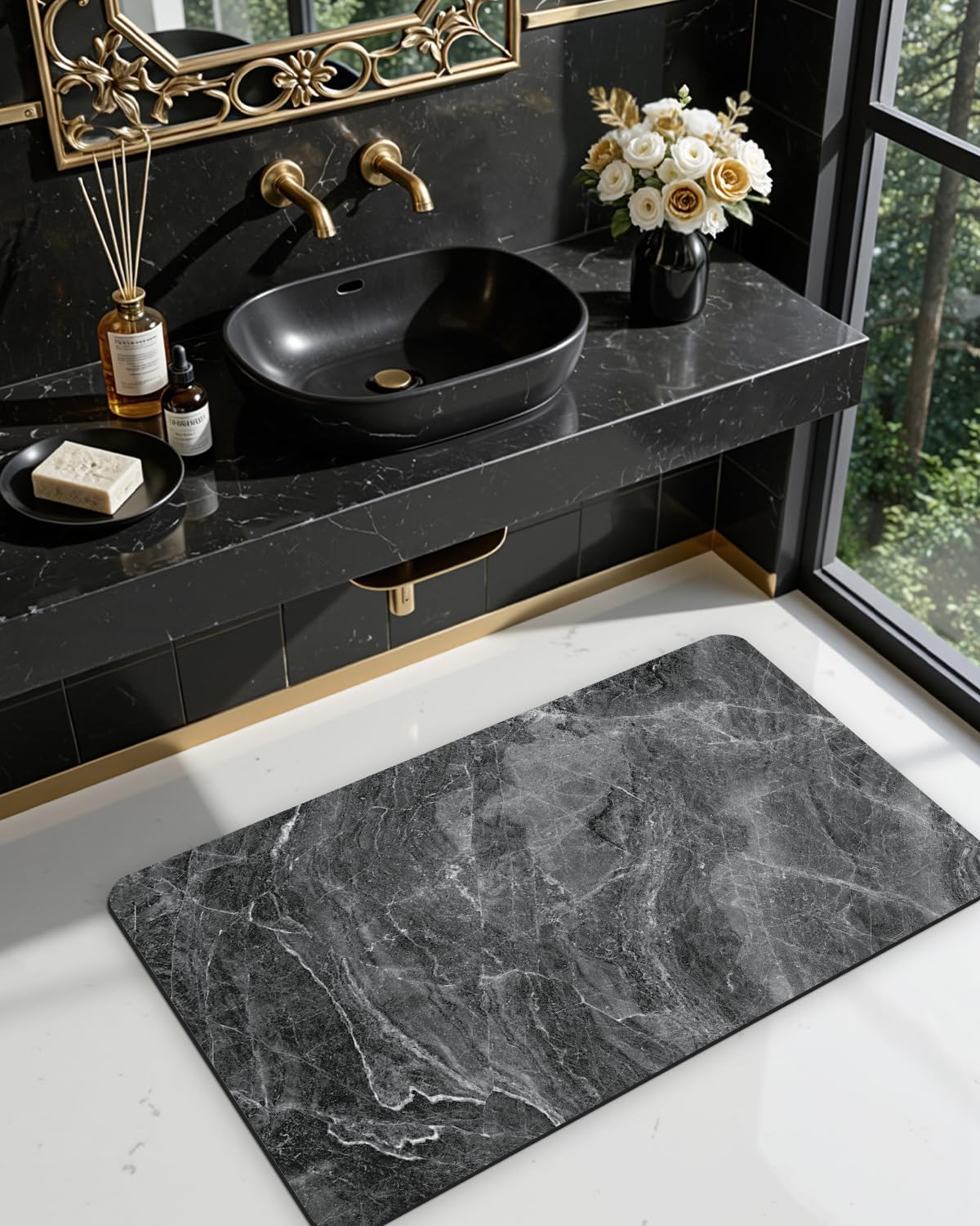 DEXI Bath Mat 36x24, Non Slip Quick Dry Rugs, Super Absorbent Ultra Thin Marble Bathmat, Washable Rubber Mats for Shower Floor, in Front of Bathtub, Sink, Bathroom Accessories Decor, Dark Grey