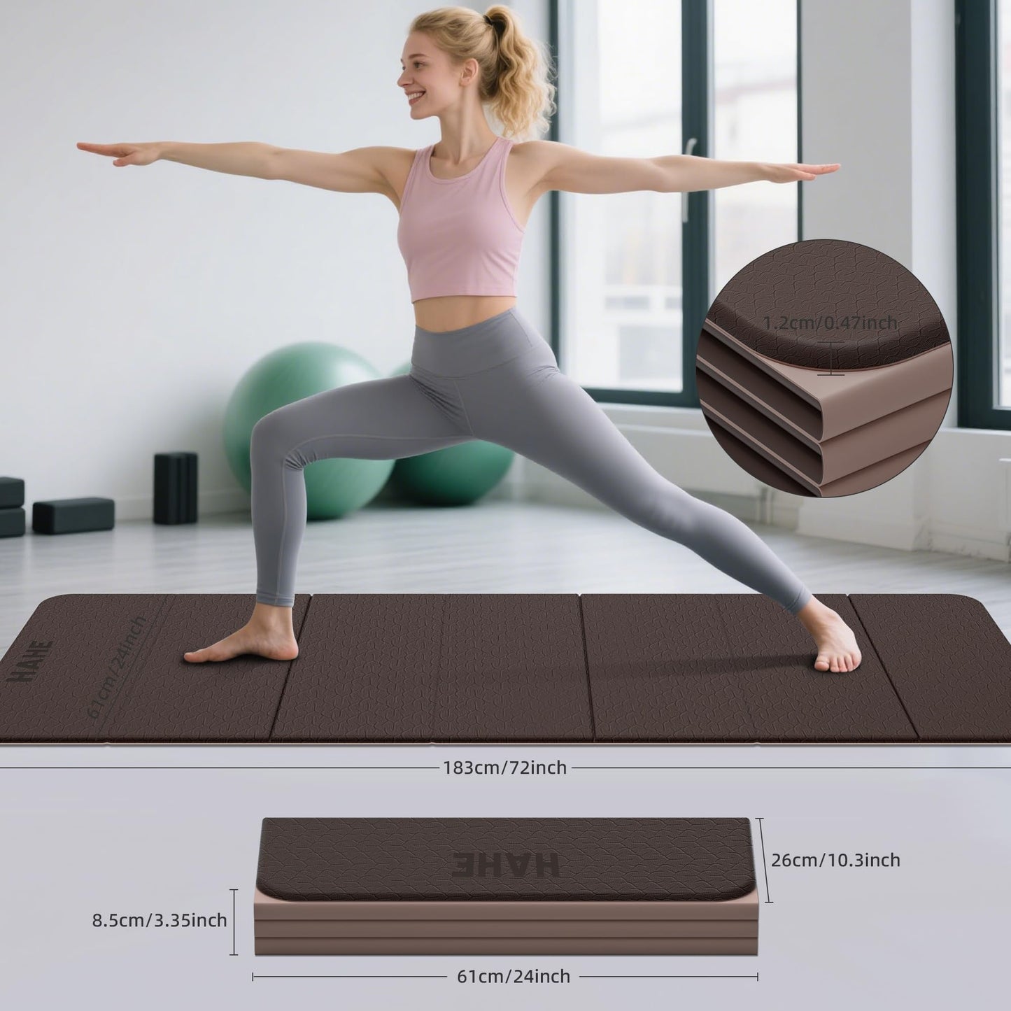 HAHE 7-Fold Design Extra Thick Yoga Mat 72"L x 24"W x 0.47",TPE Fitness Exercise Mats, Non-Slip Foldable Yoga Mat, High Density, Portable for Men & Women, Yoga, Pilates, Home Gym (Brown & Beige)