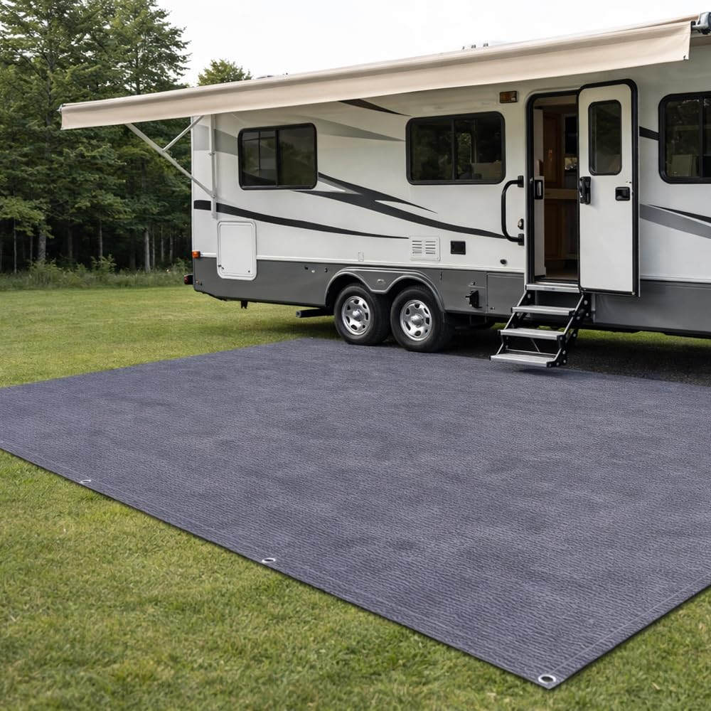 JUNKOGO RV Outdoor Mat 10x20 FT, Reversible RV Patio Rug, Blue-Gray, 240GSM Breathable Camping Mat for Camper, Motorhome, Trailer, Picnic, Beach, Backyard