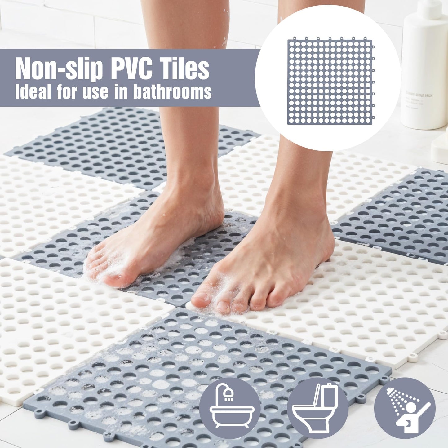 Afcabakila 12 Pack Modular Interlocking Cushion, Rubber Floor Tiles with Drain Holes Non-Slip Splicing Drainage Mats for Deck, Pool, Outdoor Shower, Patio, Balcony, Indoor Bathroom, Kitchen, Yard