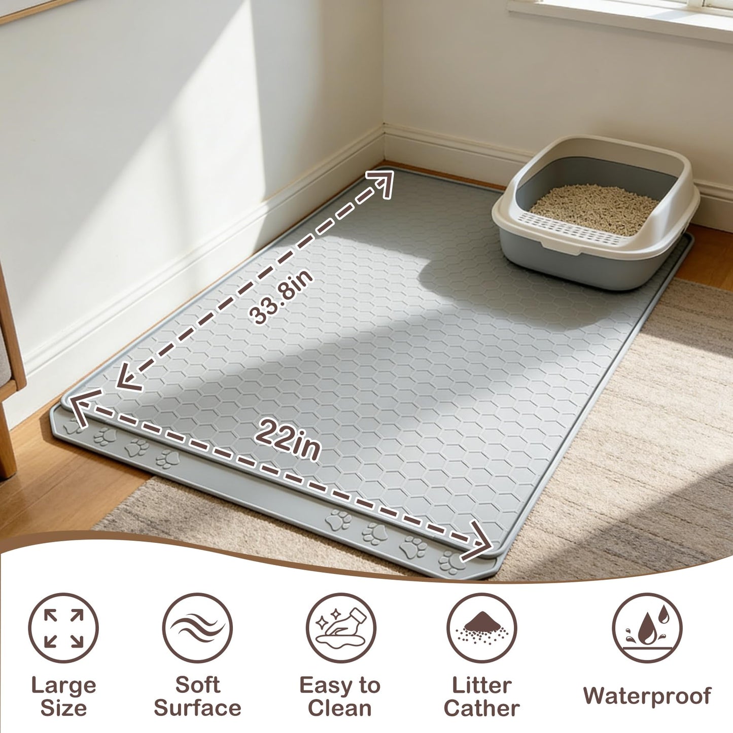 Tisoloow Silicone Large Cat Mat for Litter Box Waterproof 34" X 22" Trapping Mat for Kitty Litter Box Easy to Clean Scatter Control Non-Slip Durable Pad for Floor Black