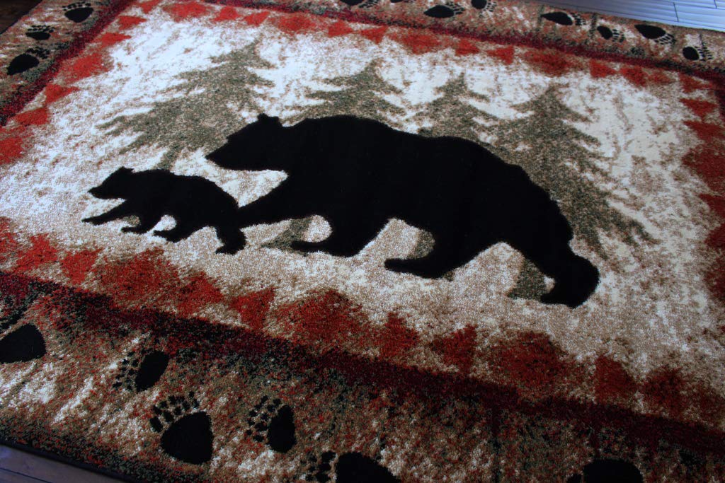 Masada Rugs, Cabin Lodge Area Rug Bear and Cub Scene (4 Feet X 5 Feet)