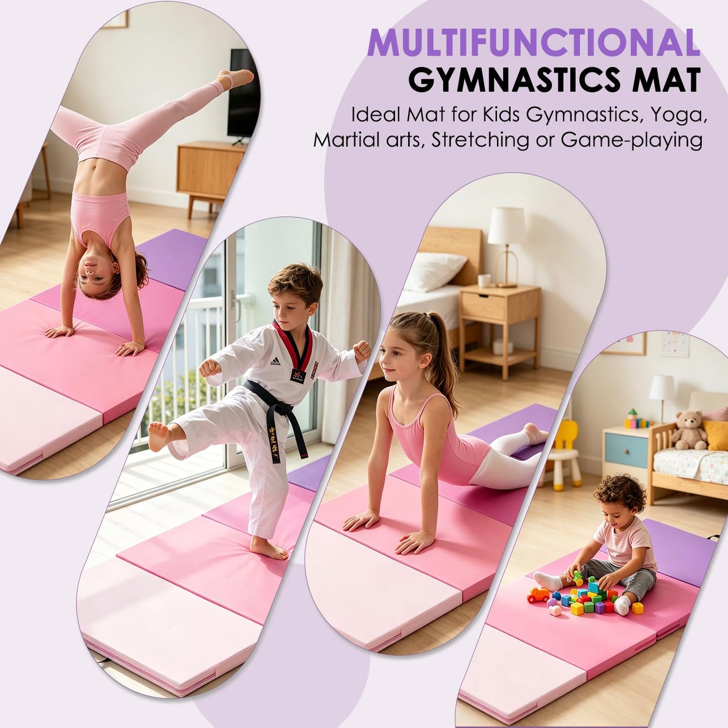 Oneofics Gymnastics Mat, 3'x6'x2'' Thick 4-Panel Folding Kids' Gymnastic Tumbling Mat for Home Gym Exercise & Play