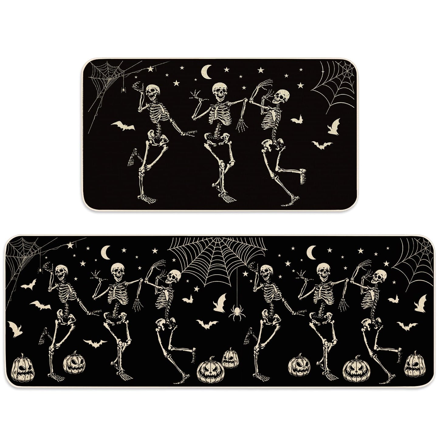 JarThenaAMCS Halloween Skeleton Kitchen Mats Spider Pumpkin Bat Welcome Floor Mat Non-Slip Black Door Rugs for Indoor Outdoor Bathroom, 17 x 29 Inch & 17 x 47 Inch