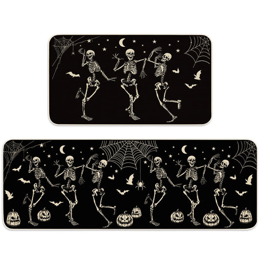 JarThenaAMCS Halloween Skeleton Kitchen Mats Spider Pumpkin Bat Welcome Floor Mat Non-Slip Black Door Rugs for Indoor Outdoor Bathroom, 17 x 29 Inch & 17 x 47 Inch