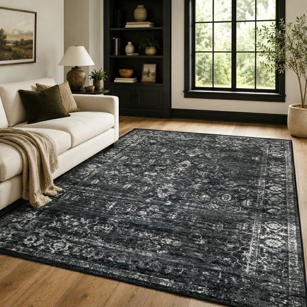 Lahome Margot 5x7 Washable Black Area Rugs for Living Room, Non Slip Bedroom Rug, Stain Resistant Floor Dining Room Carpet for Office Entrance Decor