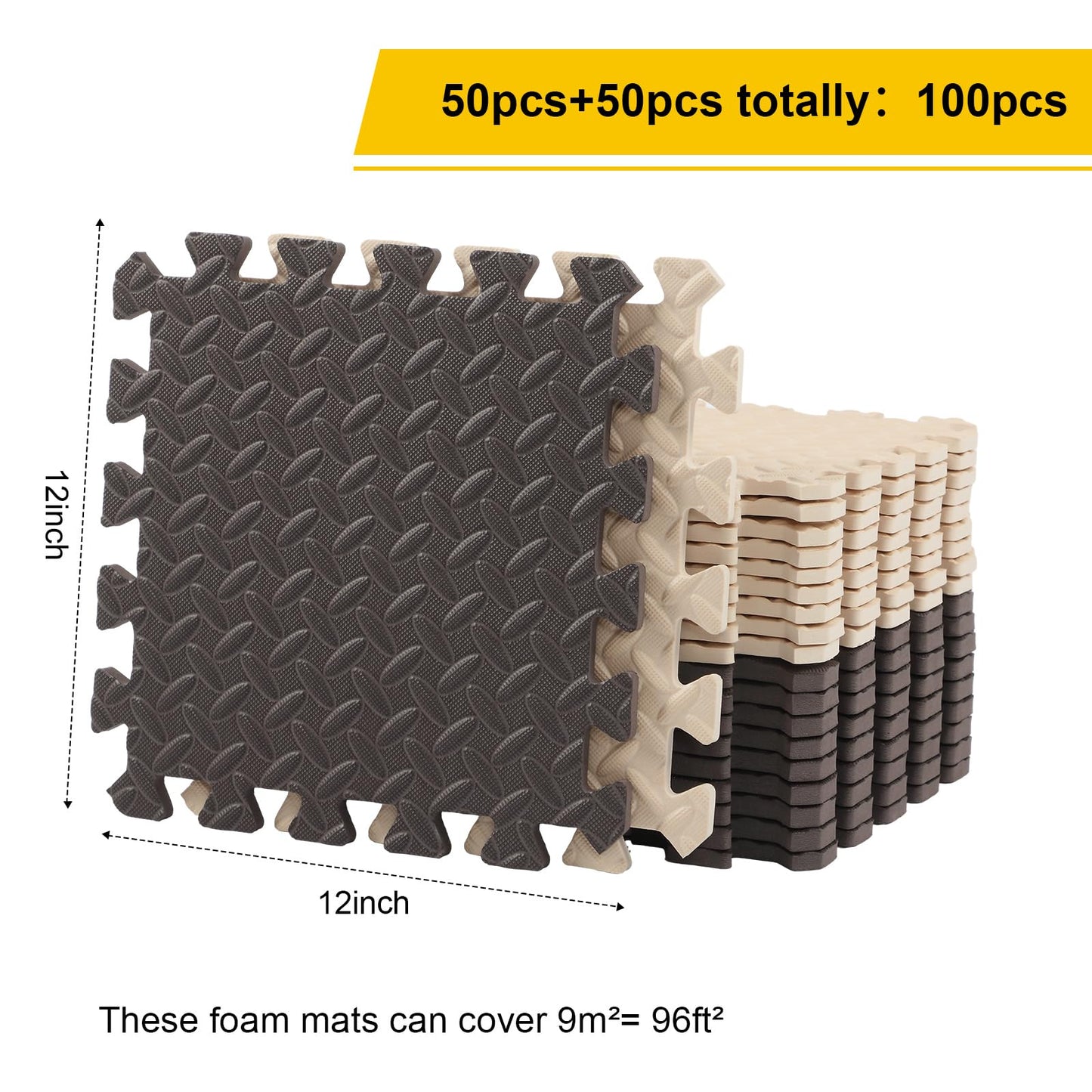 Ecally 100 Pcs 12 x 12 Gym Mat Foam Floor Mats for Home Gym Covers 96 Sq Ft Puzzle Exercise Square Interlocking Carpet Tiles with Border for Workouts Equipment Yoga Pilates (Beige,Brown)