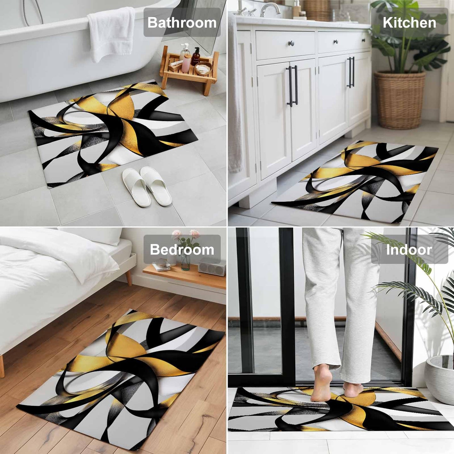 Door Mat, Modern Geometric Stripe Texture Front Door Mat Welcome Mats, Low-Profile Doormat for Bedroom Living Room, Abstract Gold Black White Line Absorbent Non-Slip Entryway Rug Floor Mats 16x24in