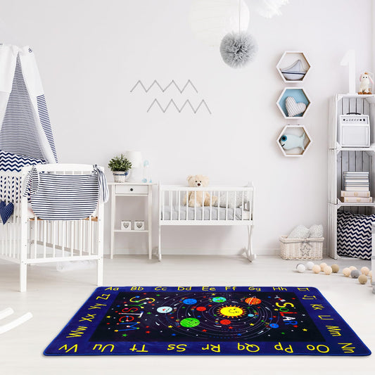 LUXLOOM 3x5 Outer Space Rug Kids Playroom Rug Solar System ABC Alphabet Educational Floor Mat Non Slip Backing Planet Carpet Ultra Soft Low Pile Area Rug for Bedroom Classroom Nursery Playroom Blue