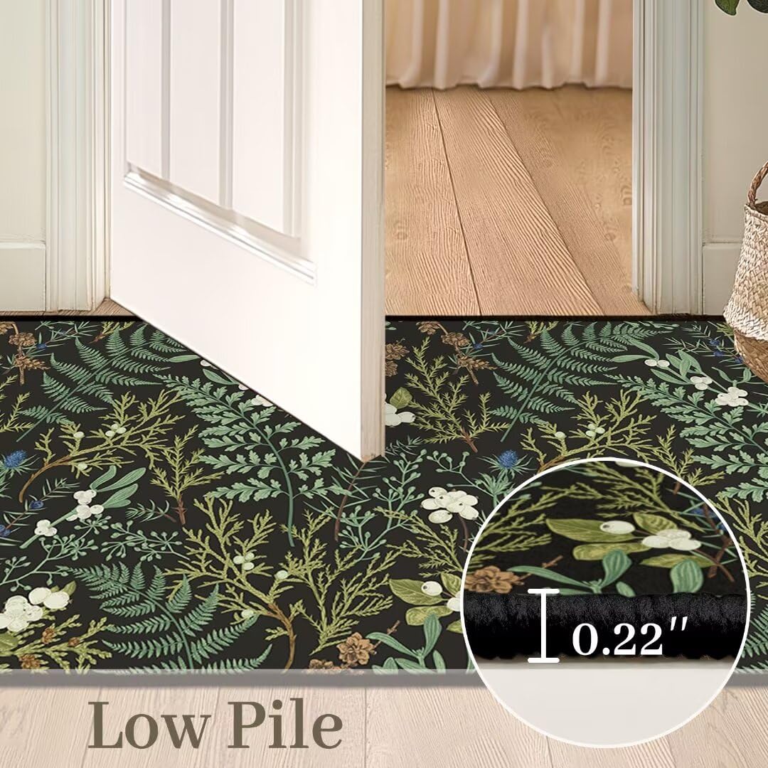 Black Green Area Rug 5x7 Living Room Rug,Botanical Print Throw Rugs Carpet for Dining Room Washable Bedroom Rug,Plant Leaf Printed Area Rugs Non Slip Floor Carpets for Office,Kids Playroom,Laundry