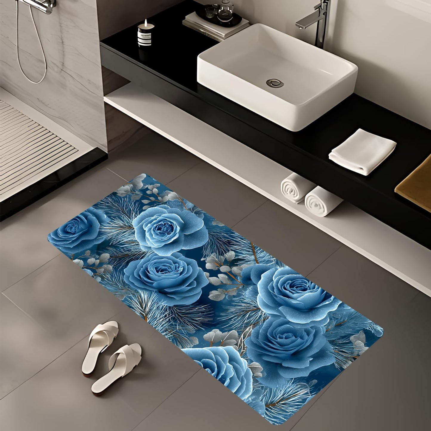 Blue Rose Laundry Room Rug 20x47 Inch – Non-Slip Winter Floral Runner Mat for Laundry Room, Entryway, Christmas Decor