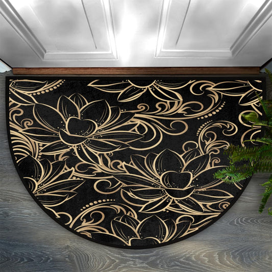 Aglebo Artistic Lotus Flower Half Round Door Mat Non-Slip Half Circle Area Rug 24" x 36" Decor Indoor Entrance Doormat Washable Welcome Mats for Home Bedroom Kitchen Living Room High Traffic Areas