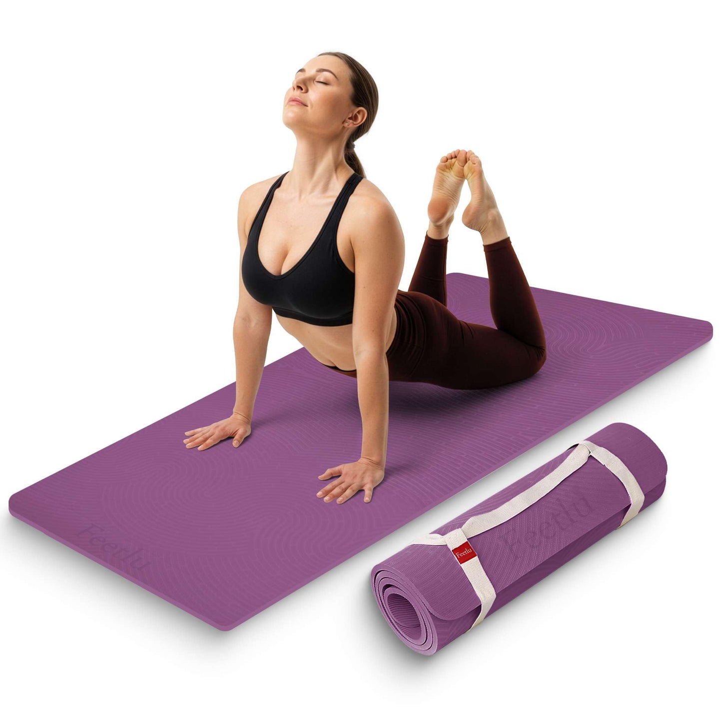 Feetlu Extra Thick 12mm Exercise Mat – 74"L x 26"W Inch, Non-Slip, Joint-Friendly & Cushioned Fitness Mat for Yoga, Pilates & Floor Workouts – Durable, Supportive & Includes Feetlu Classic Strap (Purple)