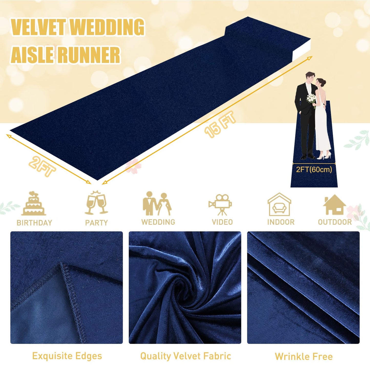FUHSY Wedding Aisle Runner Navy Blue Aisle Runner 2FTx15FT Aisle Runners for Wedding Ceremony Outdoor Runway Carpet Outside Wedding Aisle Bridal Runner for Birthday Party Prom Events