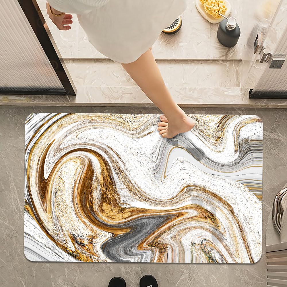 ZHUZHISHAN Bath Mat Rug,White Grey Gold Marble Non Slip Quick Dry Super Absorbent Thin Bathroom Rugs Fit Under Door-Easy to Clean Bathroom Floor Mats-Shower Rug for Shower Sink Bathtub(16" x 24"in)