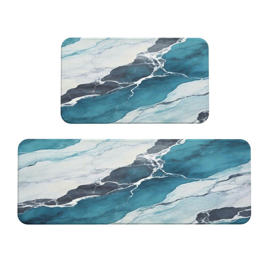 Scczsin White Turquoise Marble Kitchen Rugs Microfiber Floor Mats Cushioned Carpet Runner Rug for Laundry Bathroom Living Room, 2 Piece Set 17"X 47" + 17"X 30"