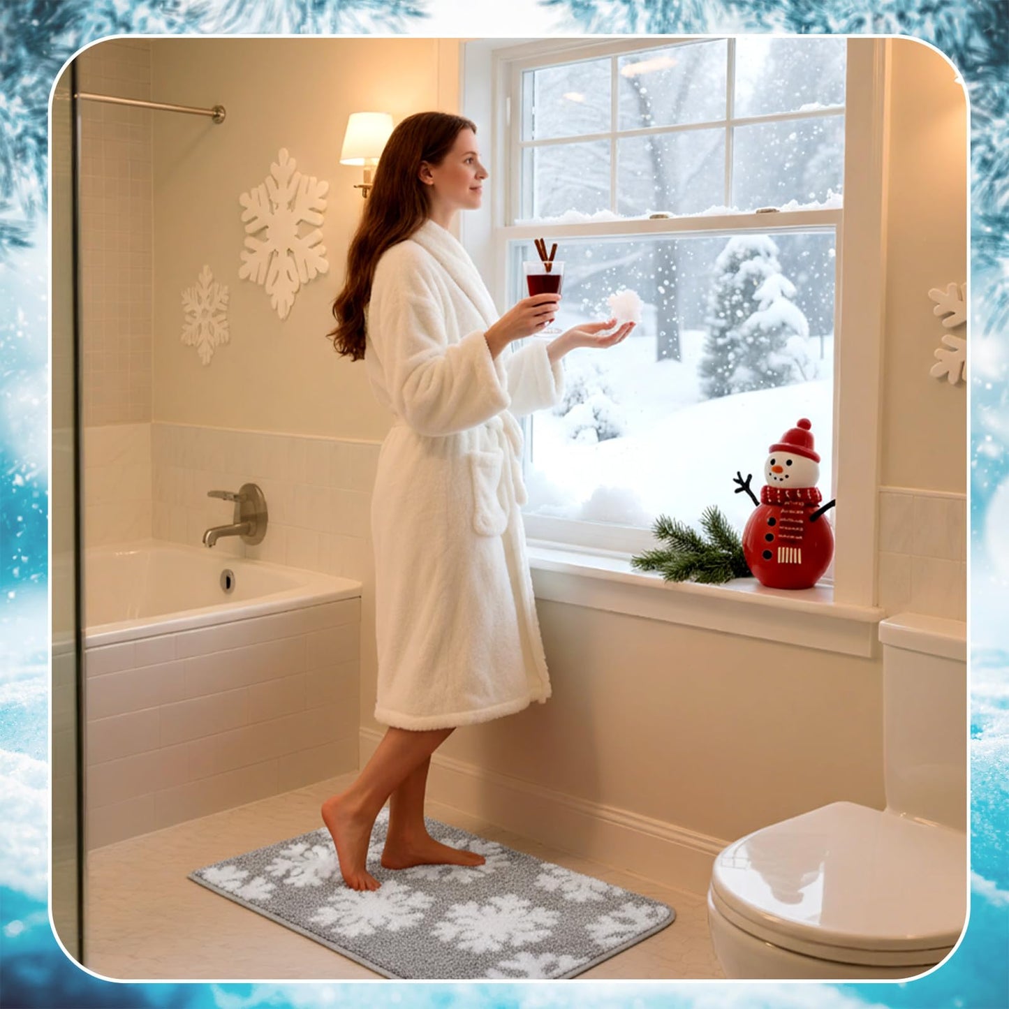 Dunzy 2 Pcs Winter Snowflake Bath Mat Winter Non Slip Soft Microfiber Bathroom Rugs New Year Area Rug for Tub Shower Room Floor, 20 x 32 Inches, 17 x 24 Inches