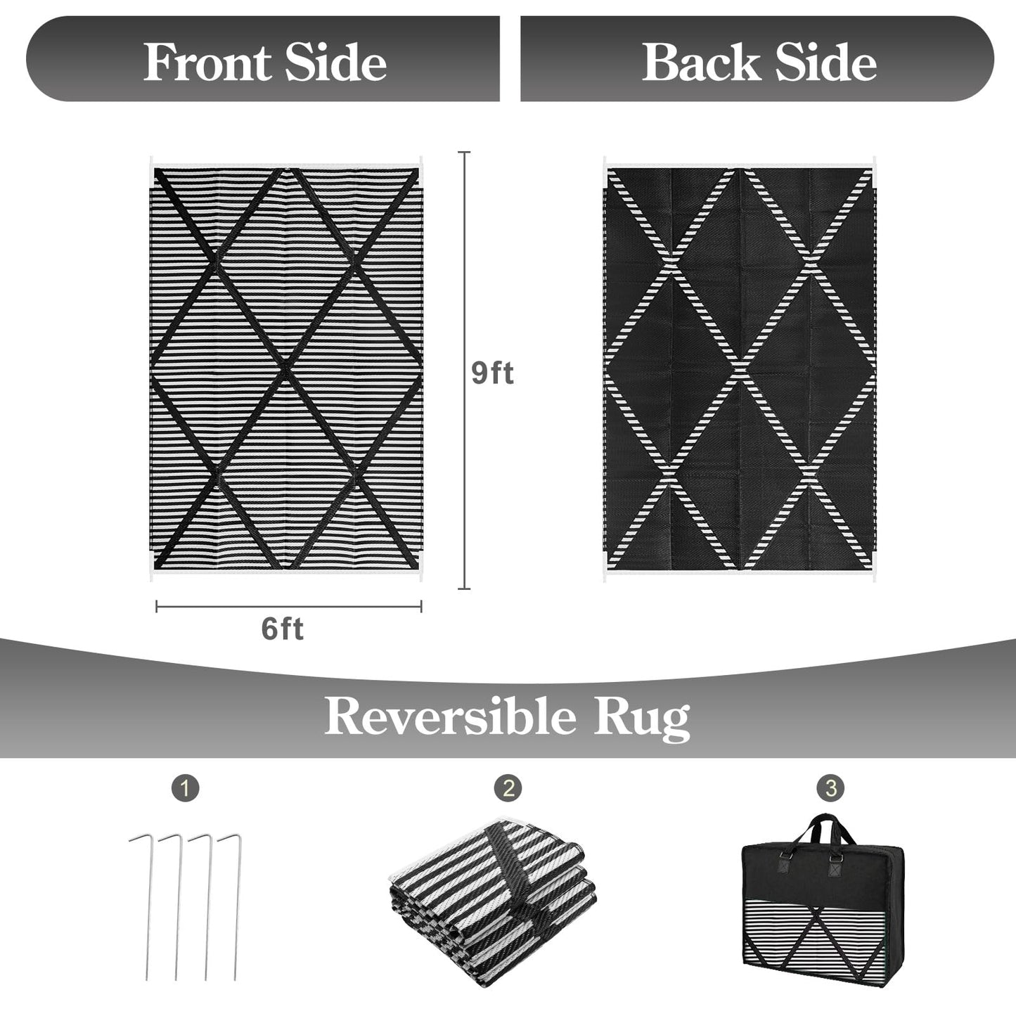 Wonnitar Outdoor Rug 6x9, Waterproof Reversible Plastic Straw Rug for Patio, Foldable Camping Mat with Carry Bag for RV, UV-Resistant Outside Rug for Deck, Balcony, Beach, Black & White