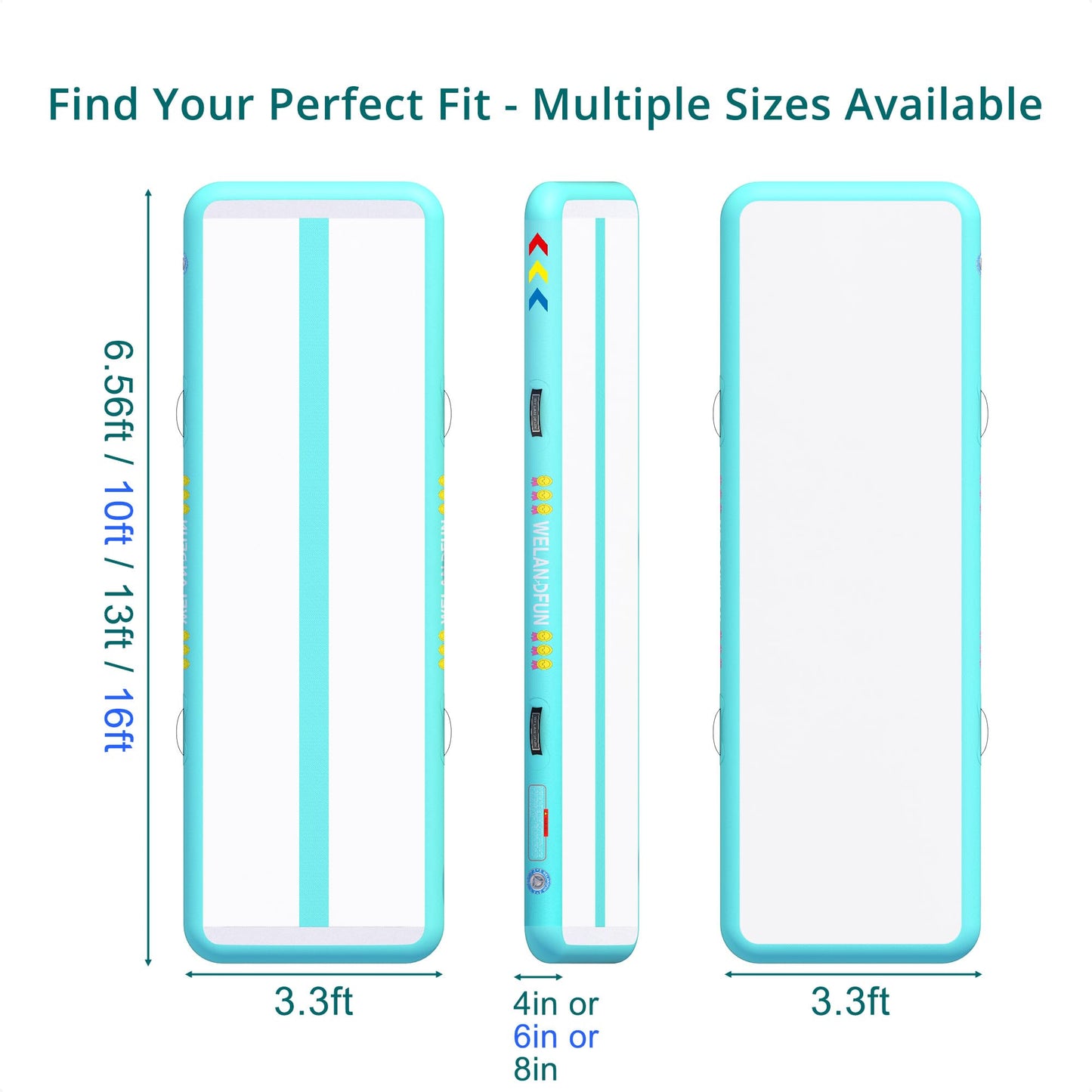 WELANDFUN Air Tumble Track Mat for Gymnastics | 4 / 6 / 8 inches Air Tumbling Mats, 6.56 / 10 / 13 / 16ft Inflatable Gymnastics Mat for Home Use, Training, Cheerleading, Water Yoga with Electric Air Pump (Mint_Green, 10ft x 3.3ft x 6inch)