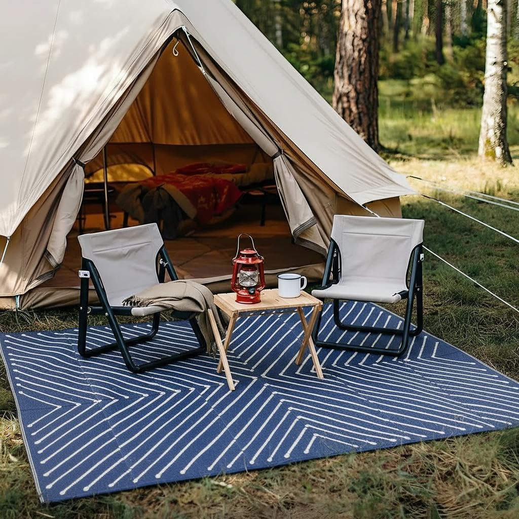 Garvee Striped 5x8 Outdoor Rug Waterproof Reversible Patio Mat, Portable Lightweight Plastic Straw Camping Rug for RV, Balcony, Backyard, Porch, Beach, Picnic, UV Protected & Easy Clean, Navy & White