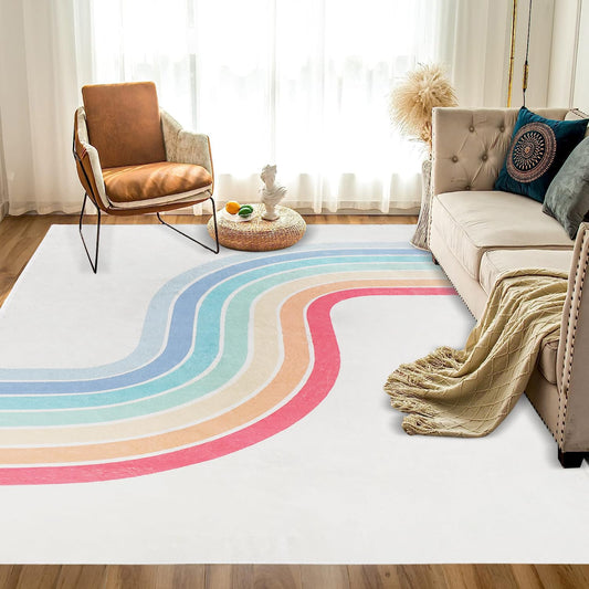 Poowe Rainbow Machine Washable Area Rugs-5'x7' for Living Room, Large Non-Slip Boho Kids Nursery Throw Rug Carpet for Bedroom Entryway Dining Room Office Rug Decor (Rainbow)
