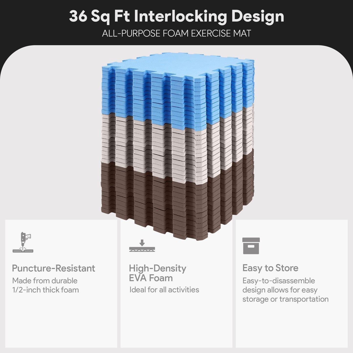 BalanceFrom 36-Pack 12x12 Inches EVA Interlocking Foam Play Tile Mat, Blue/Brown/Beige – 0.4-Inch Thick Non-Slip Puzzle Flooring for 36 Square Feet in Playroom, Nursery, or Playpen at Home
